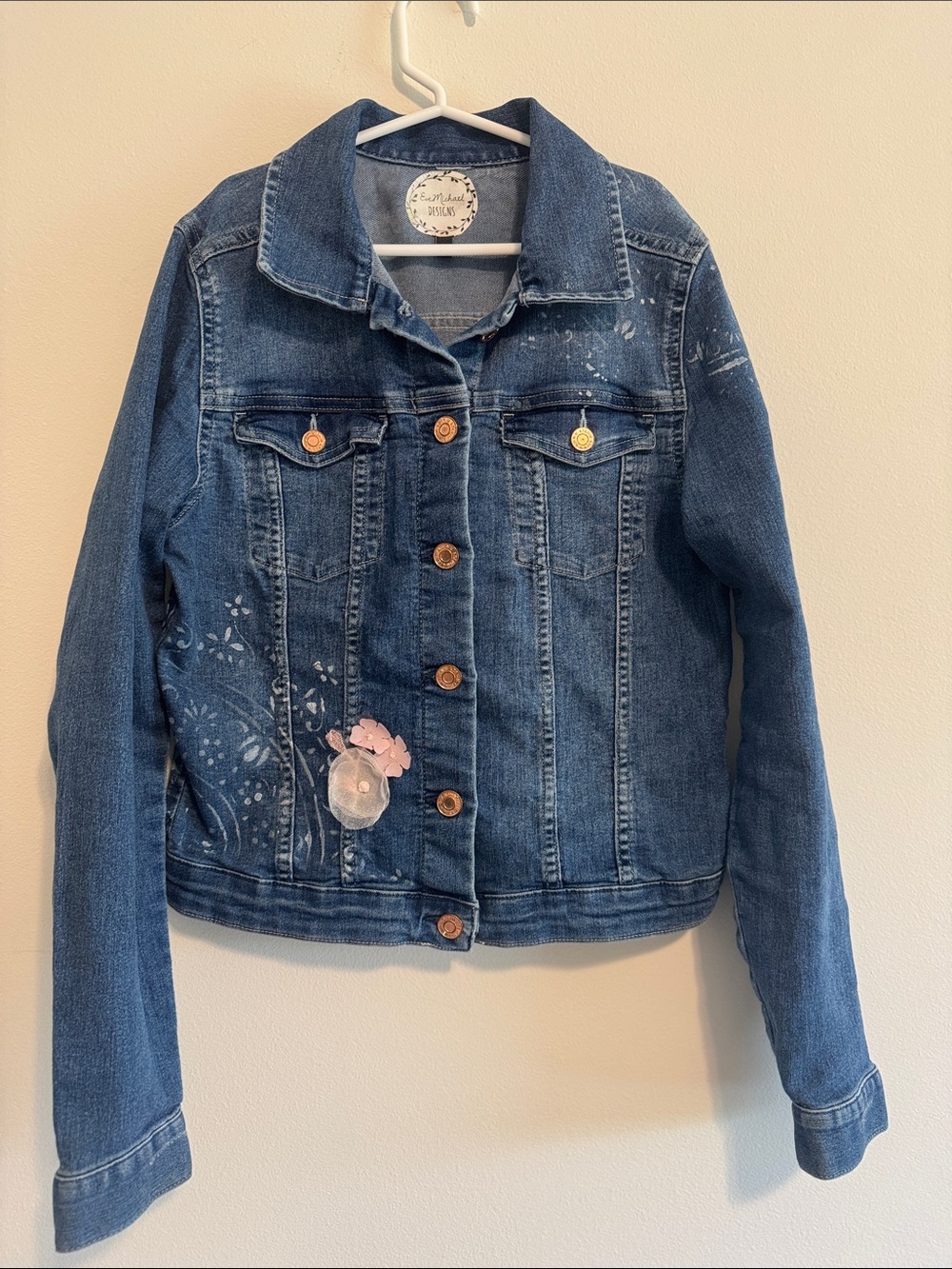 Kids Denim Jacket with Floral Appliqué - Blue